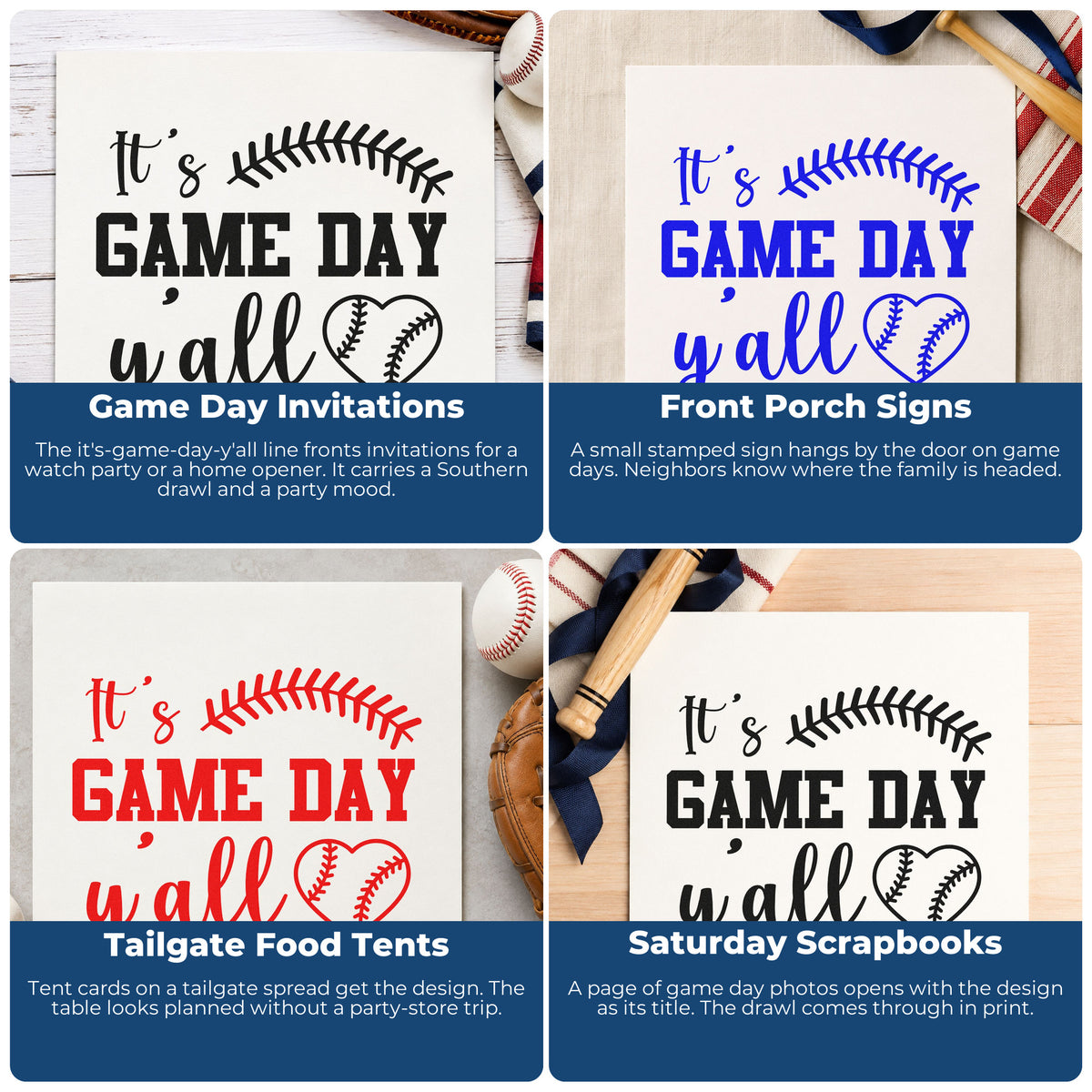 Four ways to use the Game Day Y'all Self-Inking Stamp: game day invitations, front porch signs, tailgate food tents and saturday scrapbooks.