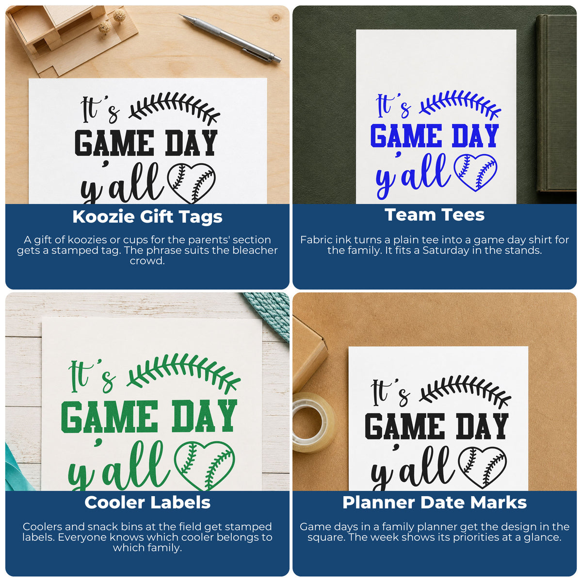 Four ways to use the Game Day Y'all Wood Handle Stamp: koozie gift tags, team tees, cooler labels and planner date marks.