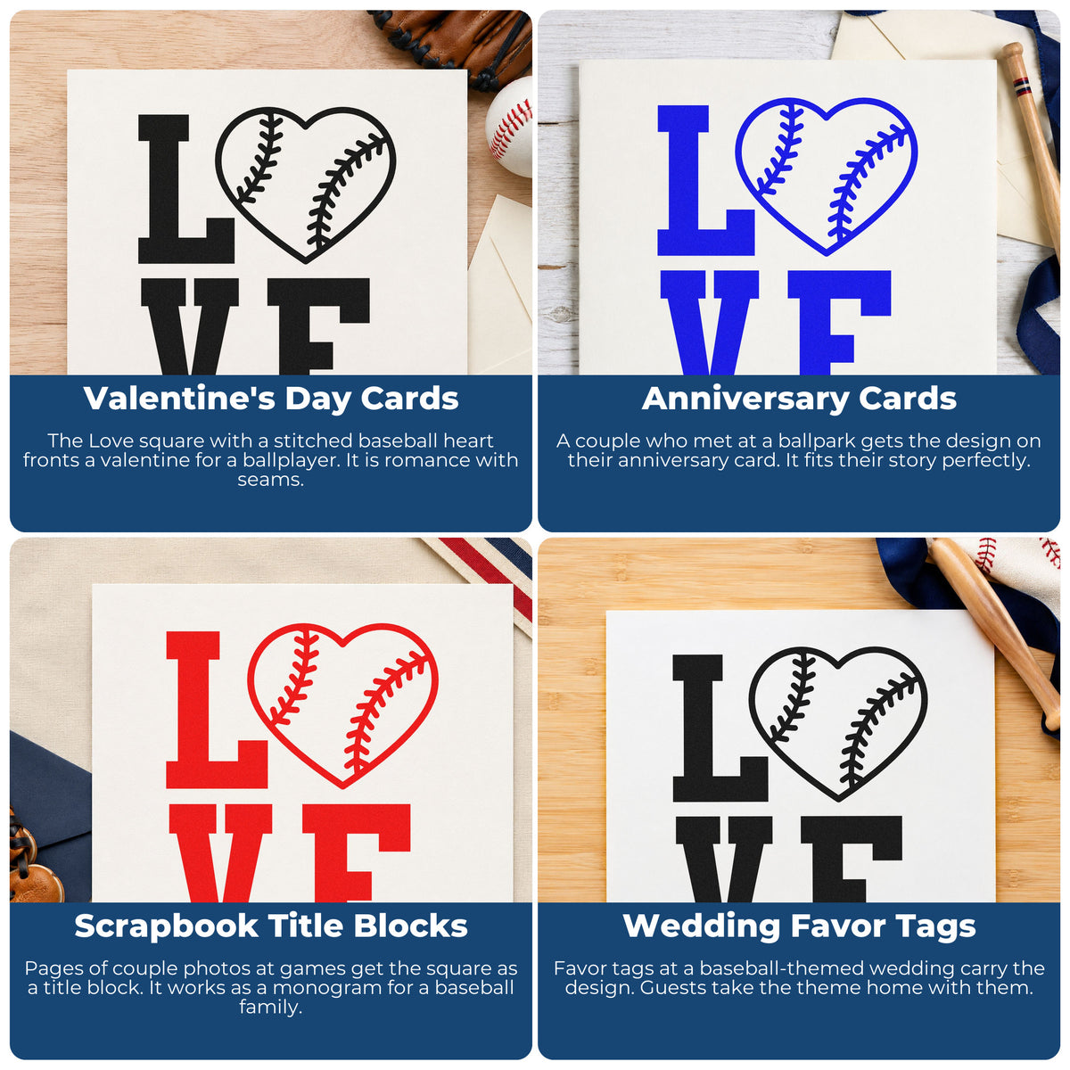 Four ways to use the Love With A Stitched Baseball Heart Rubber Stamp – Wood Handle: valentine's day cards, anniversary cards, scrapbook title blocks and wedding favor tags.