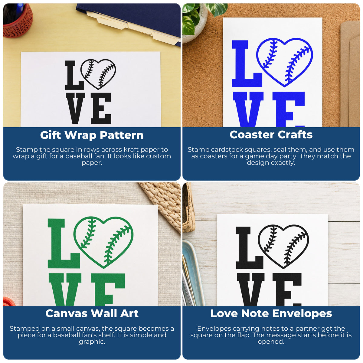 Four ways to use the Love With A Stitched Baseball Heart Hand Stamp – Duo: gift wrap pattern, coaster crafts, canvas wall art and love note envelopes.