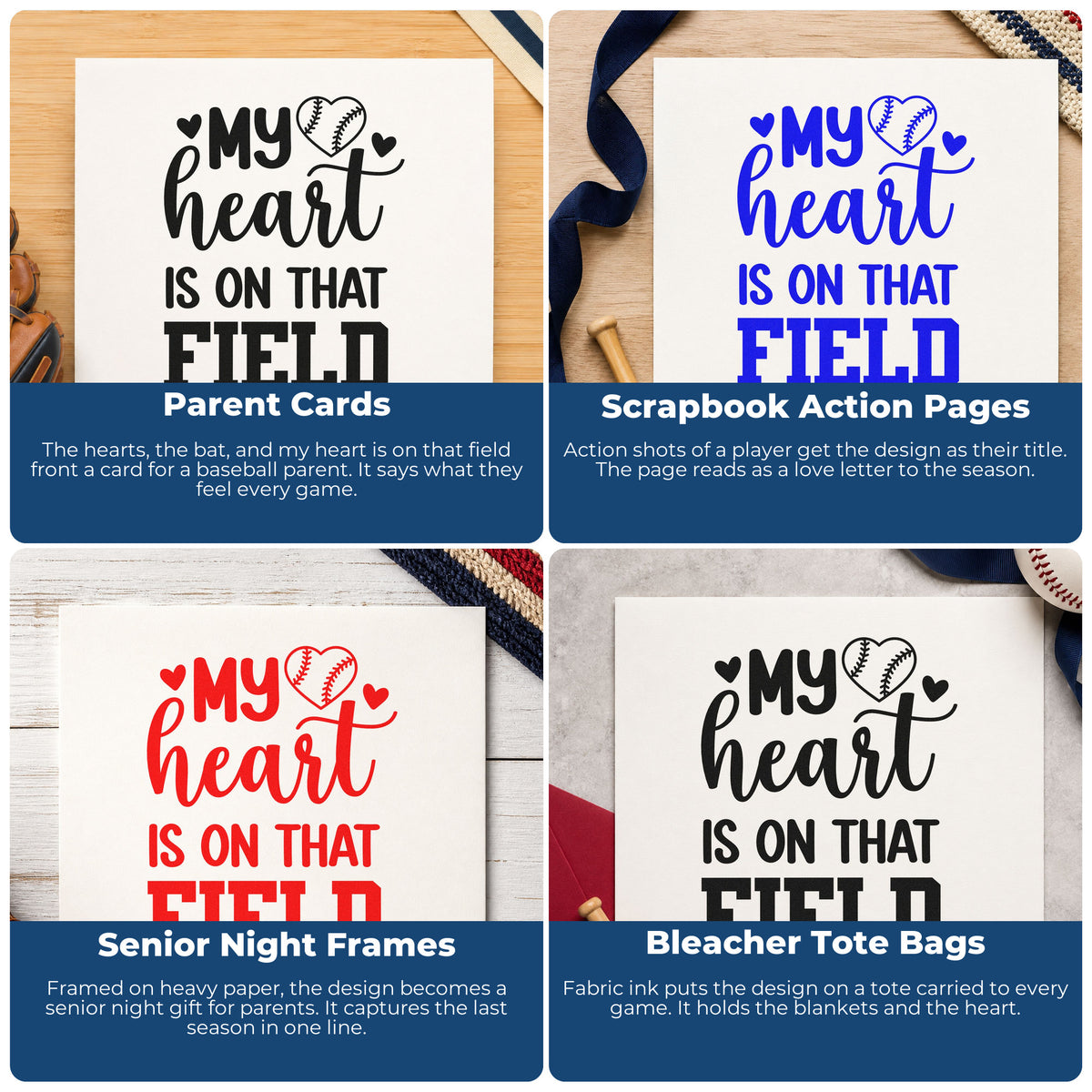 Four ways to use the Heart On The Field Bat Baseball Artwork Rubber Stamp – Duo Hand: parent cards, scrapbook action pages, senior night frames and bleacher tote bags.