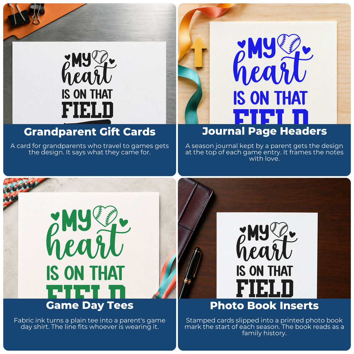 Four ways to use the Heart On The Field Bat Baseball Artwork Stamp – Wood Handle: grandparent gift cards, journal page headers, game day tees and photo book inserts.