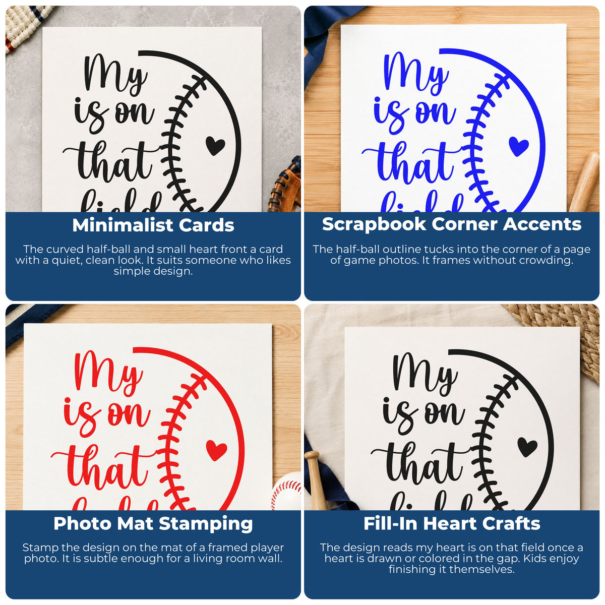 Four ways to use the Baseball Heart With Field Lettering Rubber Stamp – Wood Handle: minimalist cards, scrapbook corner accents, photo mat stamping and fill-in heart crafts.