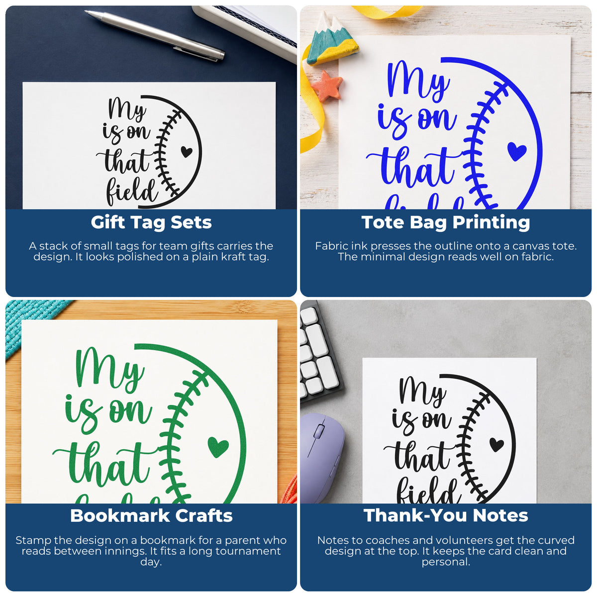 Four ways to use the Baseball Heart With Field Lettering Stamp – Self-Inking: gift tag sets, tote bag printing, bookmark crafts and thank-you notes.