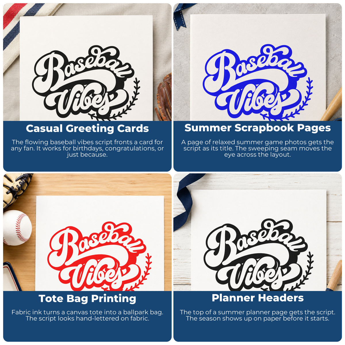 Four ways to use the Baseball Vibes Lettering Self-Inking Craft Stamp: casual greeting cards, summer scrapbook pages, tote bag printing and planner headers.
