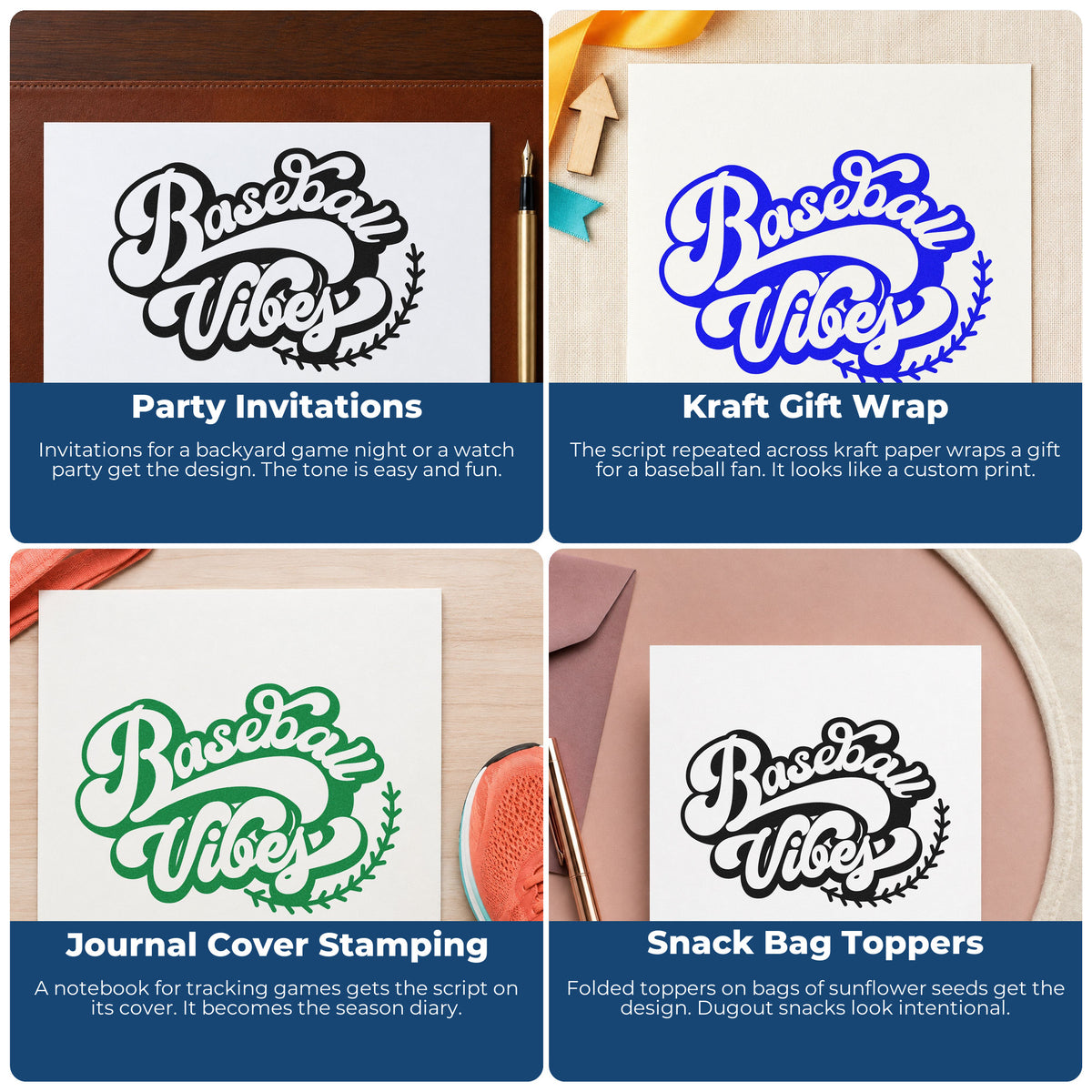 Four ways to use the Baseball Vibes Lettering Wood Handle Stamp: party invitations, kraft gift wrap, journal cover stamping and snack bag toppers.