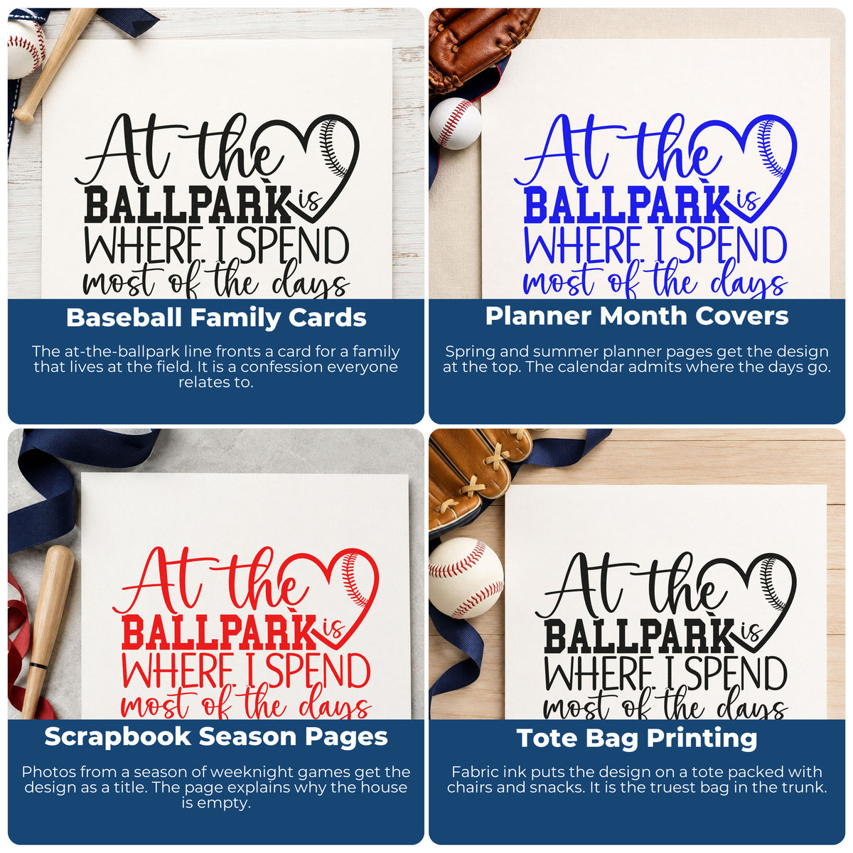 Four ways to use the At The Ballpark Self-Inking Stamp: baseball family cards, planner month covers, scrapbook season pages and tote bag printing.