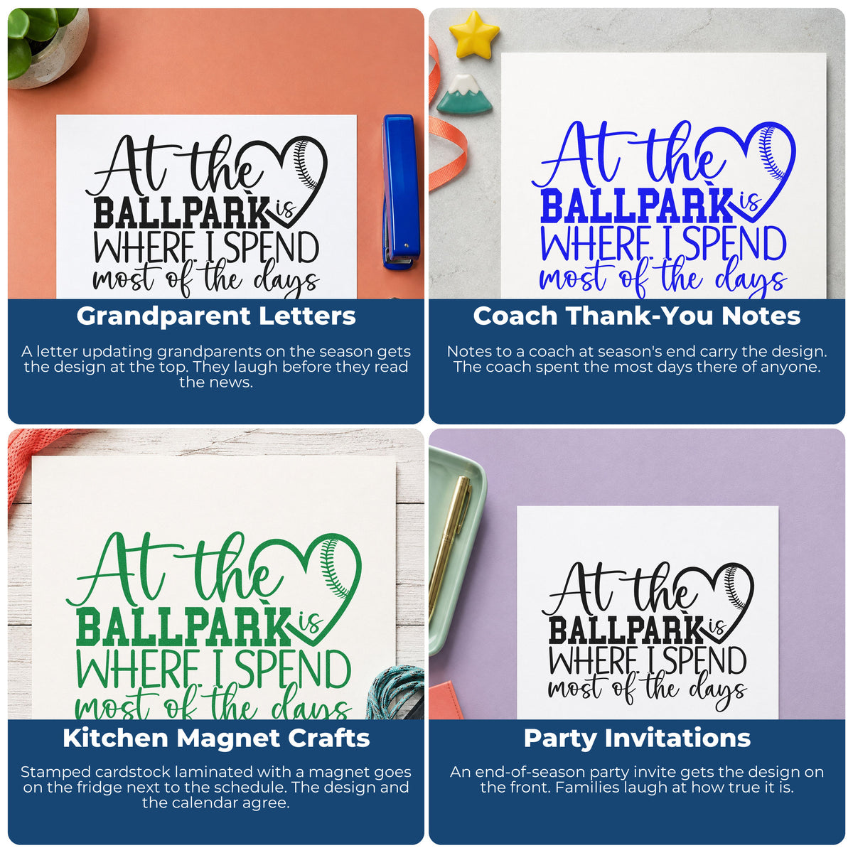 Four ways to use the At The Ballpark PSI Pre-Inked Stamp: grandparent letters, coach thank-you notes, kitchen magnet crafts and party invitations.