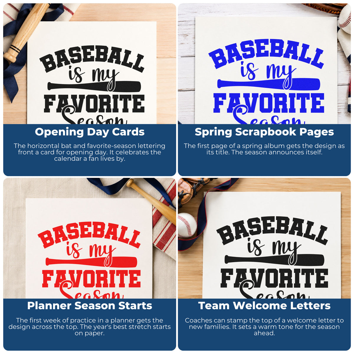 Four ways to use the Self-Inking Favorite Baseball Season Stamp: opening day cards, spring scrapbook pages, planner season starts and team welcome letters.