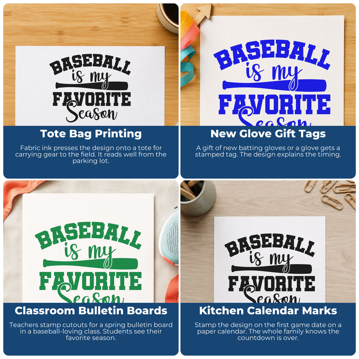 Four ways to use the Self-Inking Favorite Baseball Season Stamp: tote bag printing, new glove gift tags, classroom bulletin boards and kitchen calendar marks.