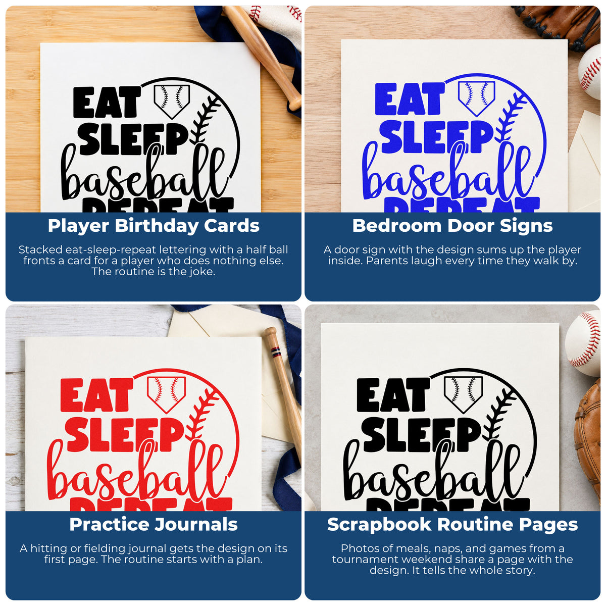 Four ways to use the Wood Handle Eat Sleep Baseball Half Ball Rubber Stamp: player birthday cards, bedroom door signs, practice journals and scrapbook routine pages.