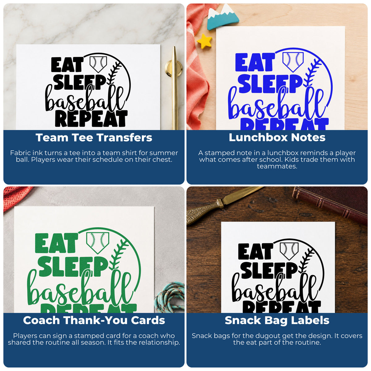 Four ways to use the Wood Handle Eat Sleep Baseball Half Ball Rubber Stamp: team tee transfers, lunchbox notes, coach thank-you cards and snack bag labels.