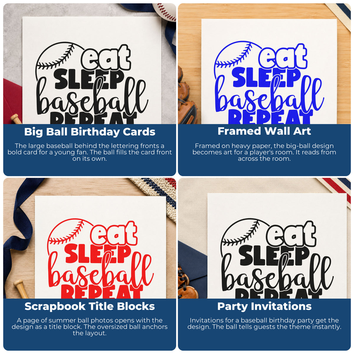 Four ways to use the Eat Sleep Baseball Round Script Lettering Slim Pre-Inked Stamp: big ball birthday cards, framed wall art, scrapbook title blocks and party invitations.