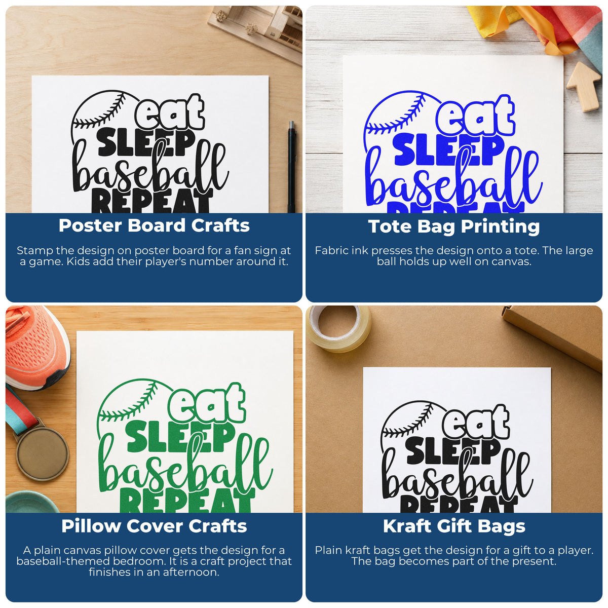 Four ways to use the Eat Sleep Baseball Round Script Lettering Self-Inking Stamp: poster board crafts, tote bag printing, pillow cover crafts and kraft gift bags.