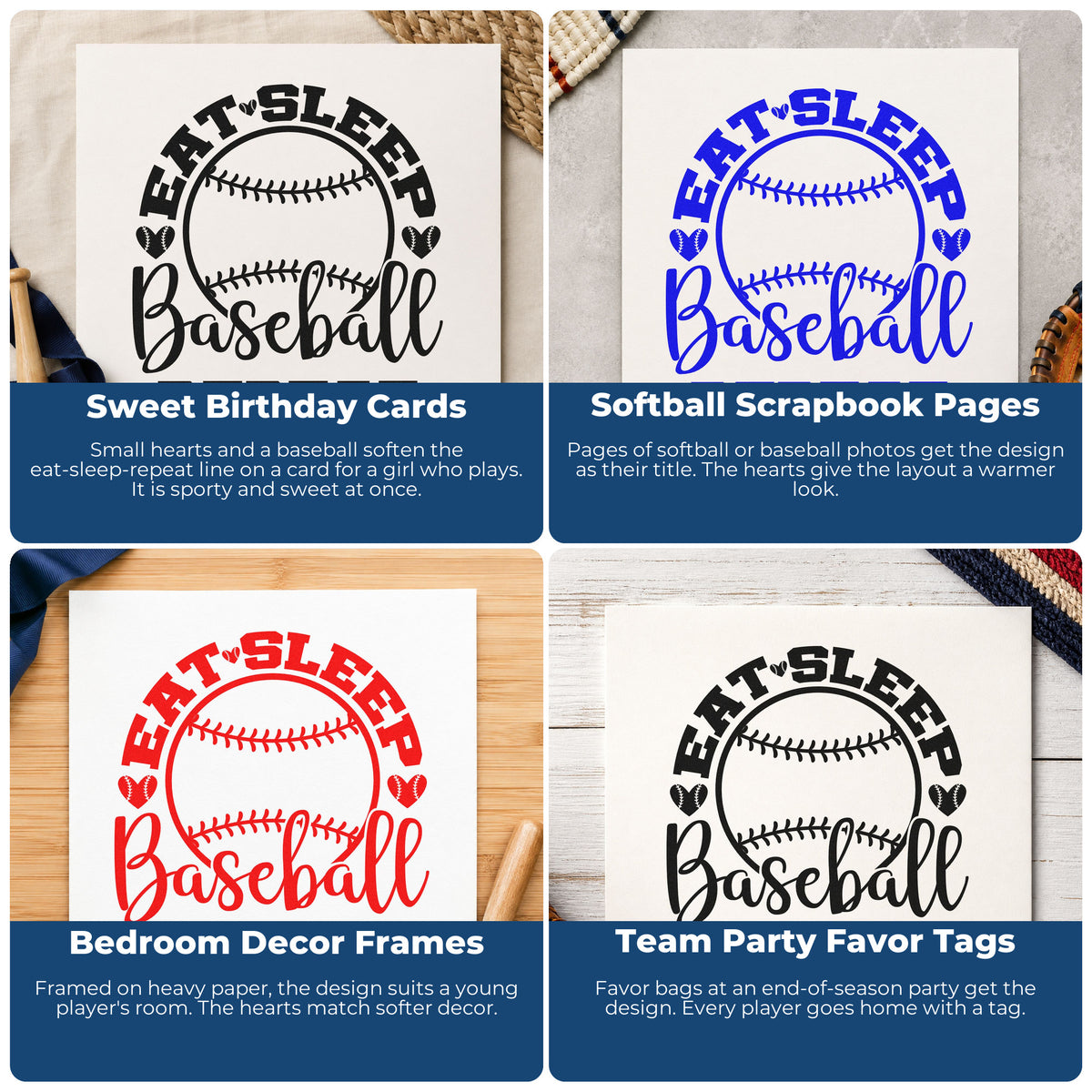 Four ways to use the Eat Sleep Baseball Repeat Rubber Stamp – Wood Handle: sweet birthday cards, softball scrapbook pages, bedroom decor frames and team party favor tags.