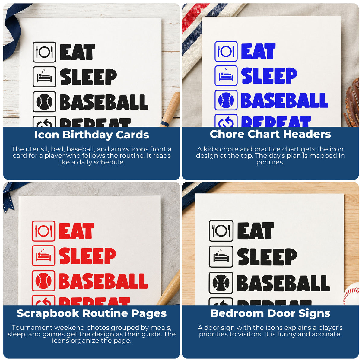Four ways to use the Baseball Routine Icons Arrow Wood Handle Stamp: icon birthday cards, chore chart headers, scrapbook routine pages and bedroom door signs.