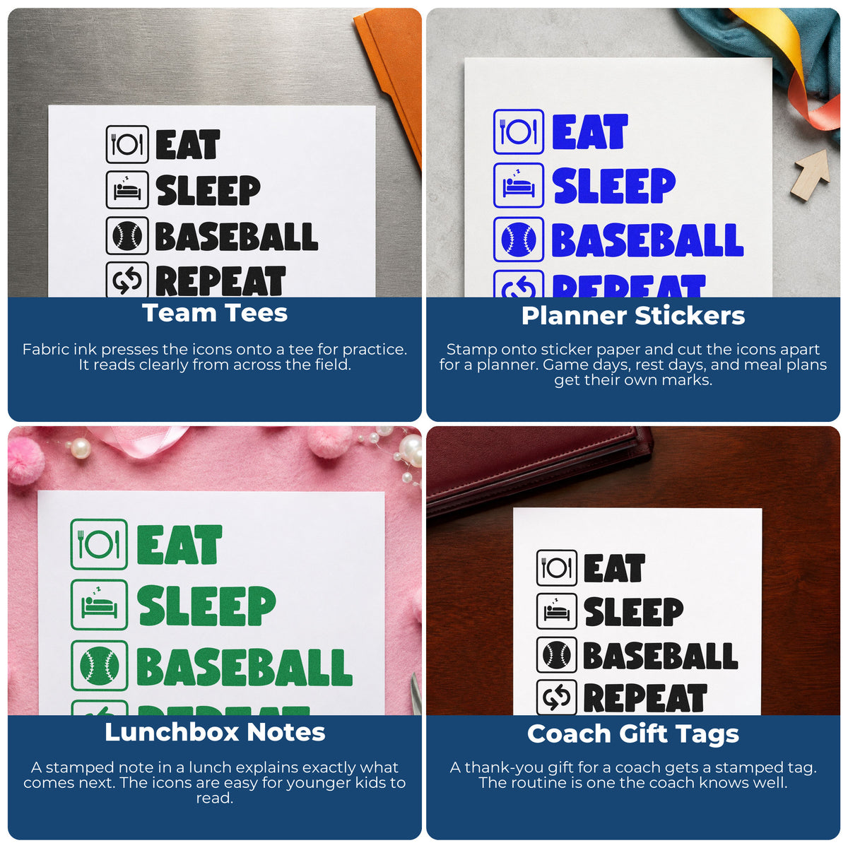 Four ways to use the Baseball Routine Icons Arrow Wood Handle Stamp: team tees, planner stickers, lunchbox notes and coach gift tags.