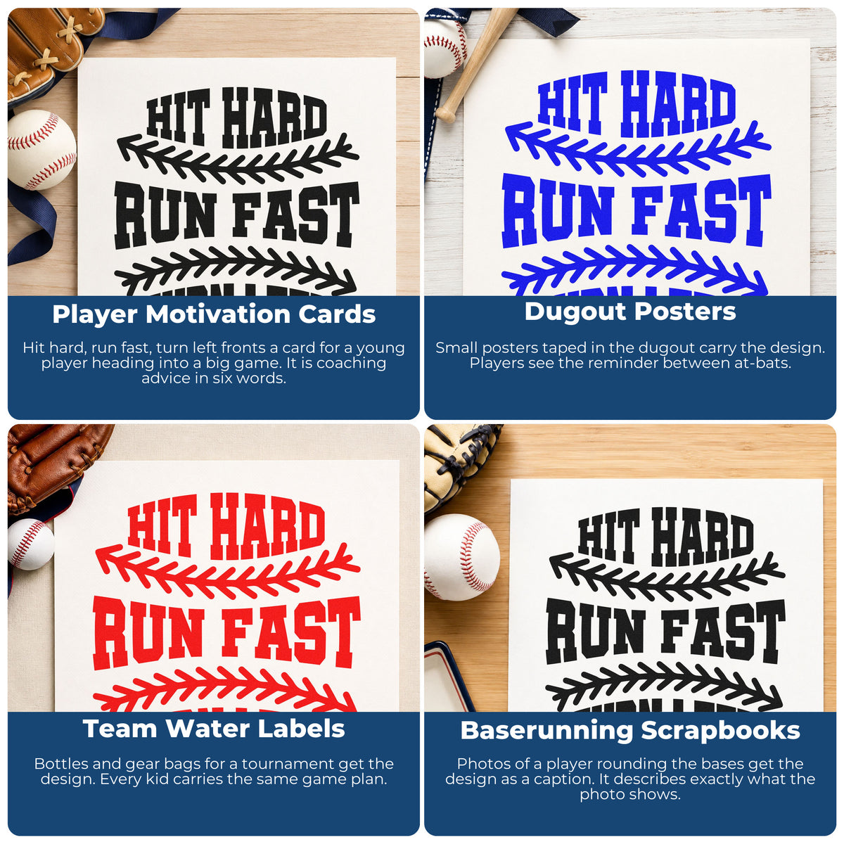 Four ways to use the Hit Hard, Run Fast, Turn Left Craft Stamp – Self-Inking: player motivation cards, dugout posters, team water labels and baserunning scrapbooks.