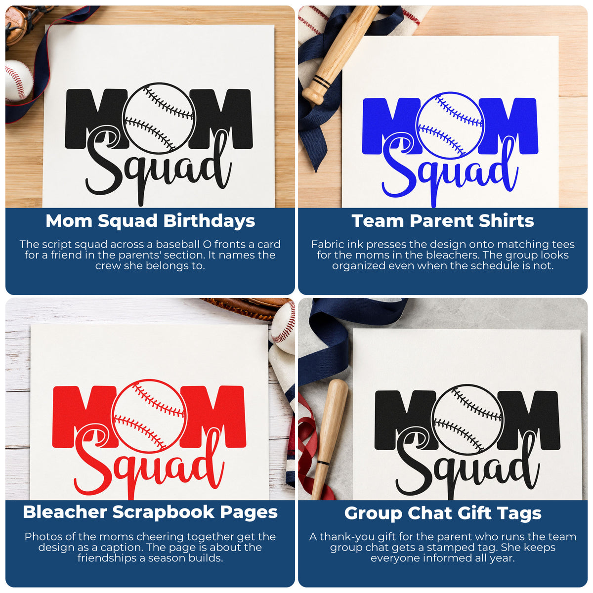 Four ways to use the Baseball Mom Squad Script Lettering Stamp - Premium Vintage Pro Wooden: mom squad birthdays, team parent shirts, bleacher scrapbook pages and group chat gift tags.