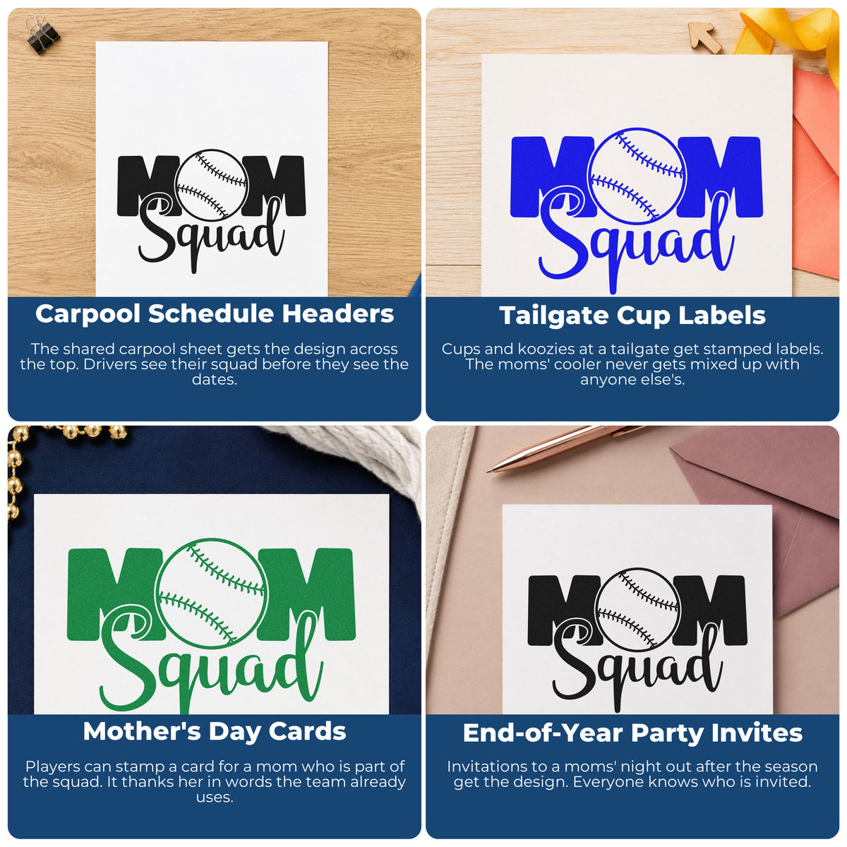 Four ways to use the Baseball Mom Squad Script Lettering Self-Inking Stamp: carpool schedule headers, tailgate cup labels, mother's day cards and end-of-year party invites.