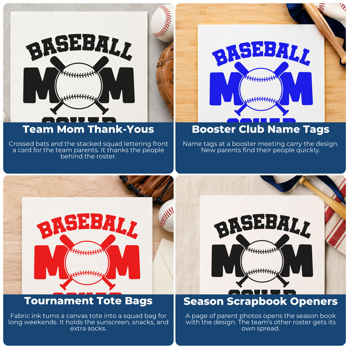 Four ways to use the Baseball Mom Squad Bats Slim Pre-Inked Stamp: team mom thank-yous, booster club name tags, tournament tote bags and season scrapbook openers.
