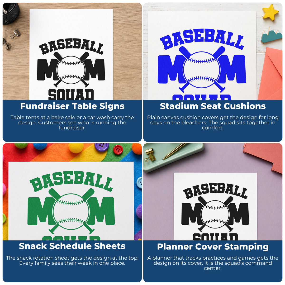 Four ways to use the Baseball Mom Squad Bats Slim Pre-Inked Stamp: fundraiser table signs, stadium seat cushions, snack schedule sheets and planner cover stamping.