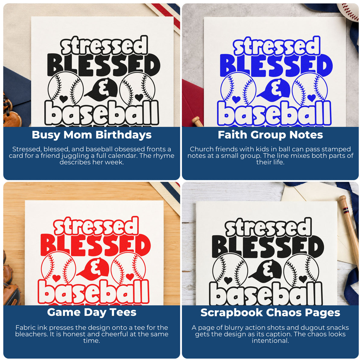 Four ways to use the Stressed Blessed Baseball Obsessed Premium Wooden Stamp - Vintage Pro: busy mom birthdays, faith group notes, game day tees and scrapbook chaos pages.