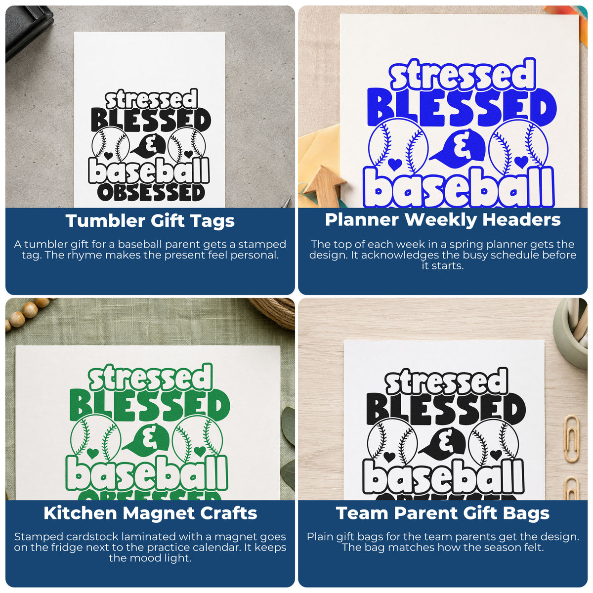 Four ways to use the Stressed Blessed Baseball Obsessed Premium Wooden Stamp - Vintage Pro: tumbler gift tags, planner weekly headers, kitchen magnet crafts and team parent gift bags.