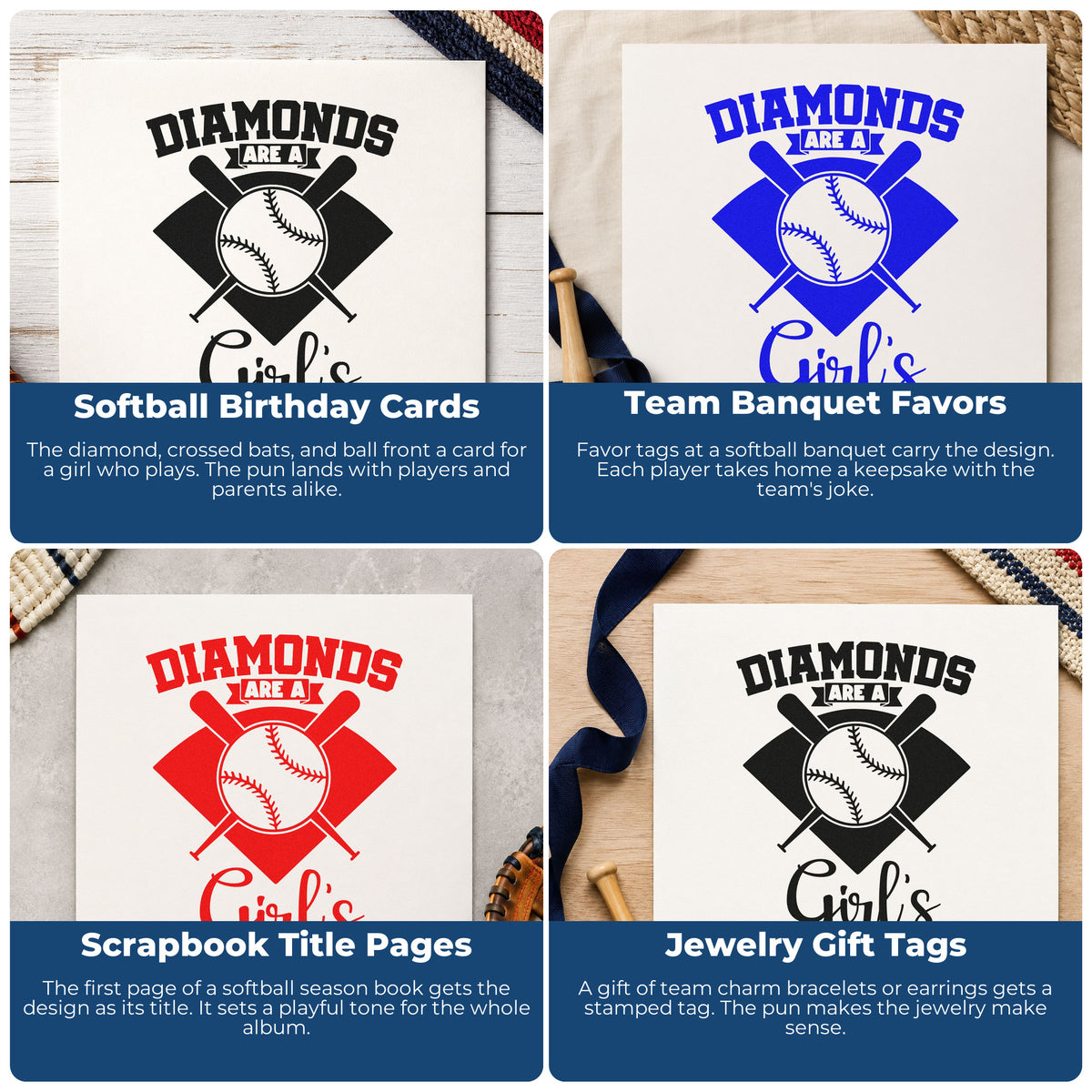 Four ways to use the Diamonds Are A Girl's Best Friend Wood-Mounted Rubber Stamp: softball birthday cards, team banquet favors, scrapbook title pages and jewelry gift tags.