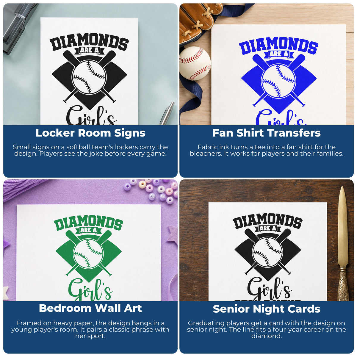 Four ways to use the Diamonds Are A Girl's Best Friend PSI Pre-Inked Stamp: locker room signs, fan shirt transfers, bedroom wall art and senior night cards.
