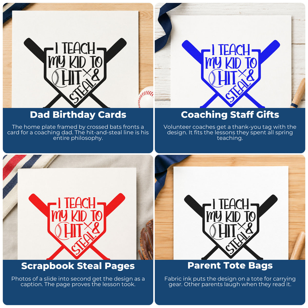 Four ways to use the Hit And Steal Crossed Bats Home Plate Badge Stamp – Duo Hand: dad birthday cards, coaching staff gifts, scrapbook steal pages and parent tote bags.