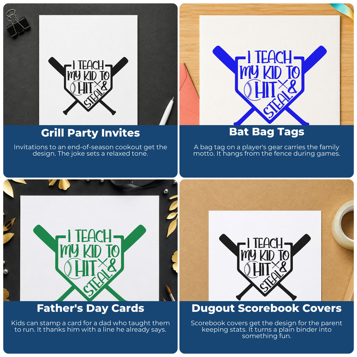 Four ways to use the Self-Inking Hit And Steal Crossed Bats Home Plate Badge Stamp: grill party invites, bat bag tags, father's day cards and dugout scorebook covers.