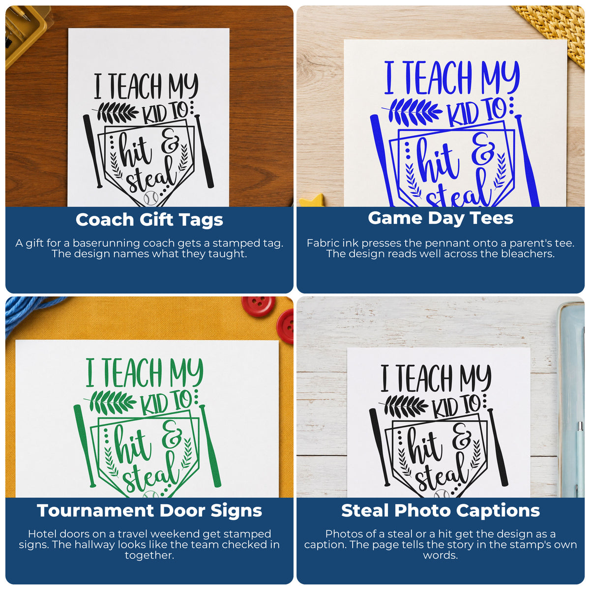 Four ways to use the Wood Handle Hit And Steal Bats And Seams Pennant Rubber Stamp: coach gift tags, game day tees, tournament door signs and steal photo captions.
