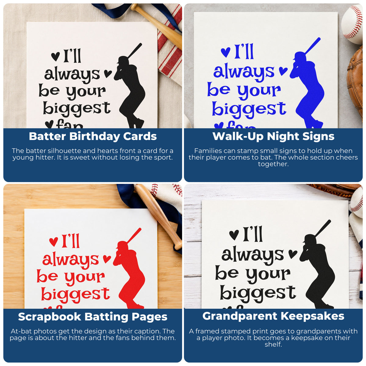 Four ways to use the Biggest Fan Batter Rubber Stamp – Wood Handle: batter birthday cards, walk-up night signs, scrapbook batting pages and grandparent keepsakes.
