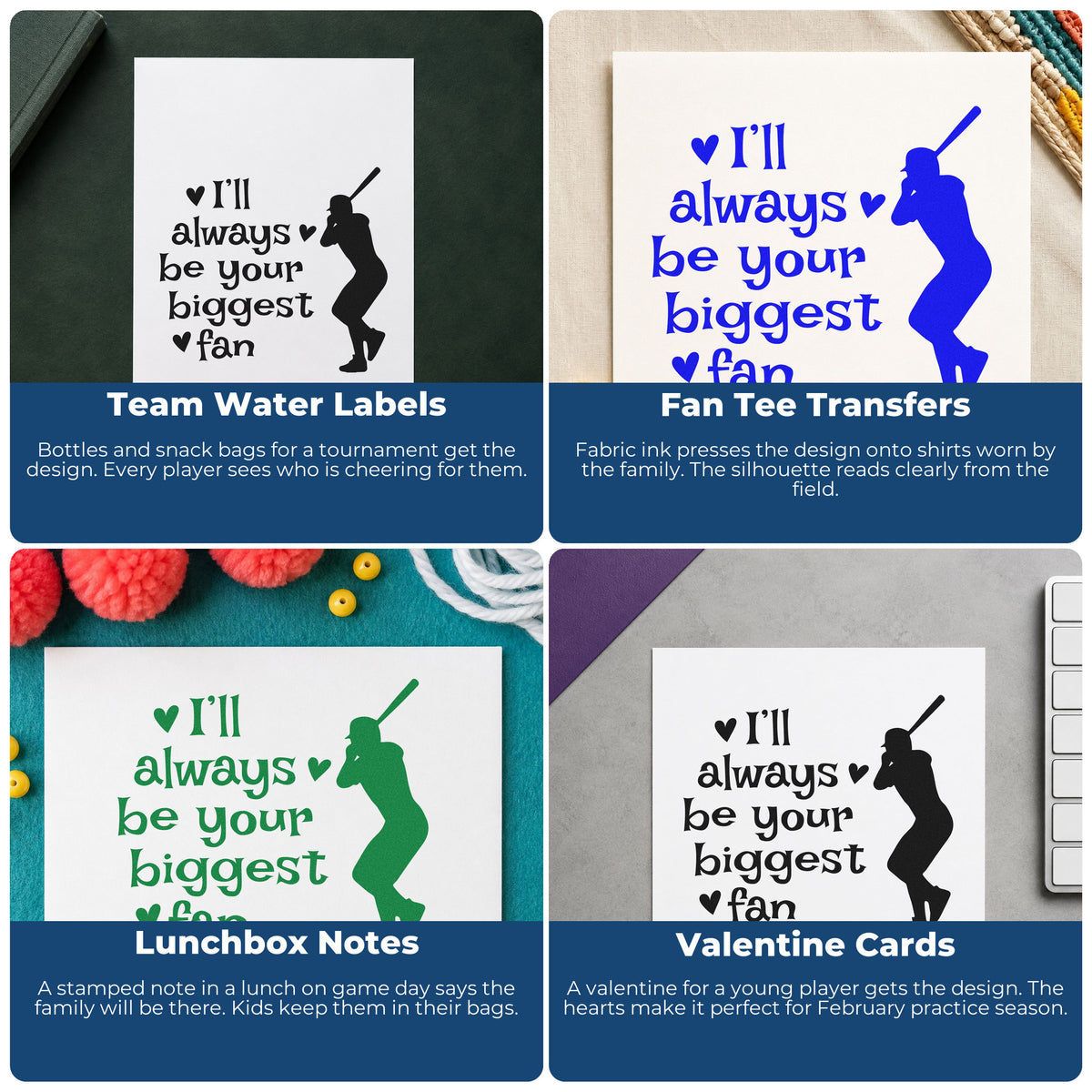Four ways to use the Biggest Fan Batter Rubber Stamp – Wood Handle: team water labels, fan tee transfers, lunchbox notes and valentine cards.