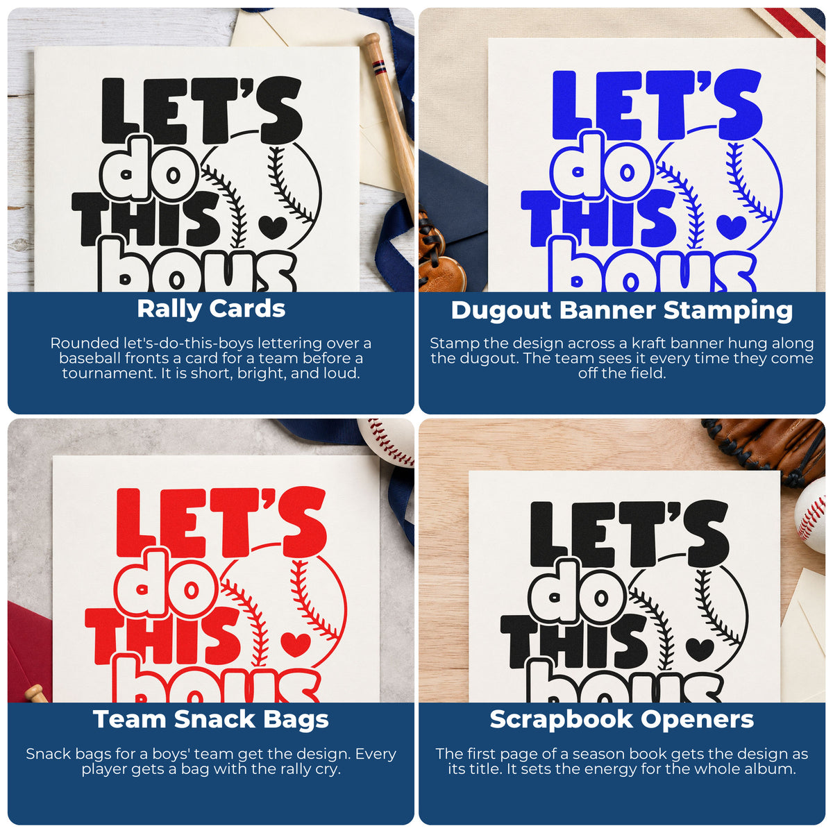 Four ways to use the Let's Do This Boys Baseball With Hearts Wood Handle Stamp: rally cards, dugout banner stamping, team snack bags and scrapbook openers.