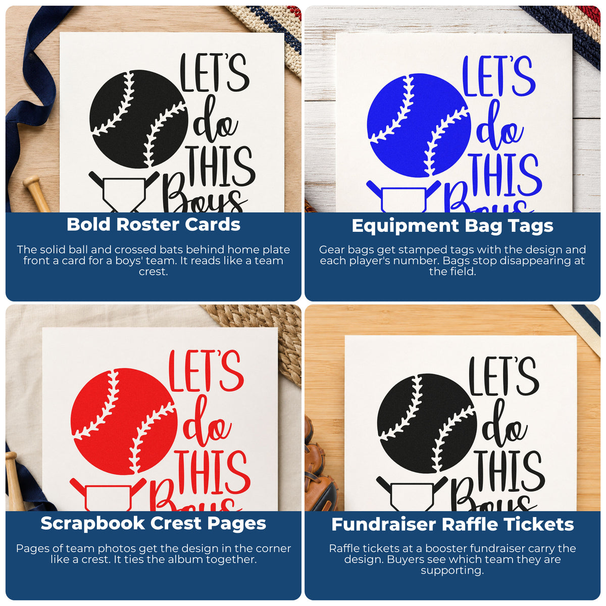 Four ways to use the Let's Do This Boys Plate Hand Stamp – Duo: bold roster cards, equipment bag tags, scrapbook crest pages and fundraiser raffle tickets.