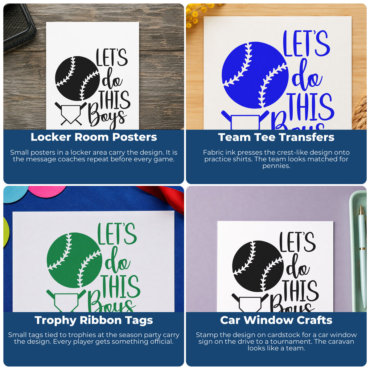 Four ways to use the Let's Do This Boys Plate Pre-Inked Stamp – Slim: locker room posters, team tee transfers, trophy ribbon tags and car window crafts.