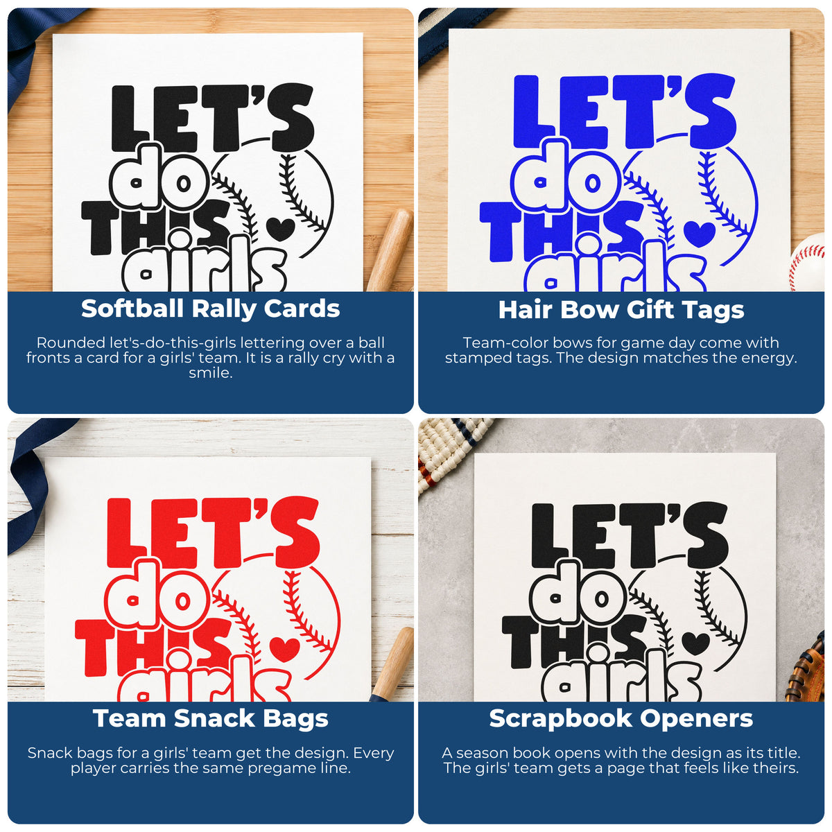 Four ways to use the Let's Do This Girls Baseball With Hearts Premium Wooden Stamp - Vintage Pro: softball rally cards, hair bow gift tags, team snack bags and scrapbook openers.