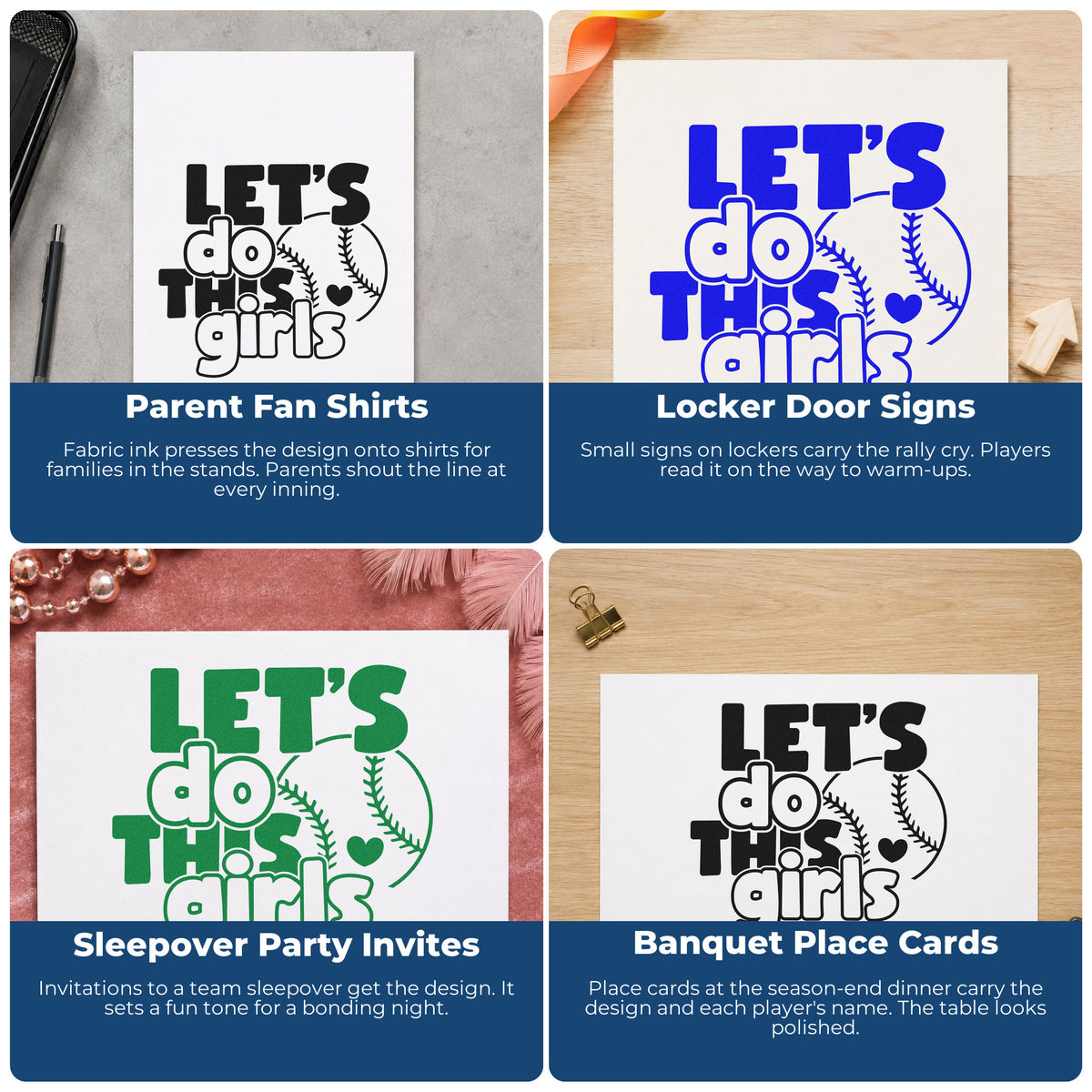 Four ways to use the Let's Do This Girls Baseball With Hearts Rubber Stamp – Duo Hand: parent fan shirts, locker door signs, sleepover party invites and banquet place cards.