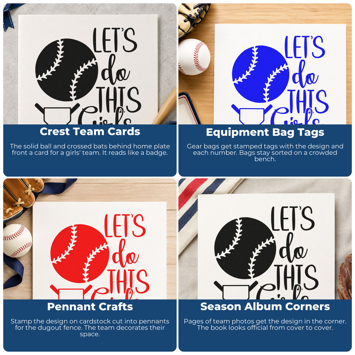 Four ways to use the Let's Do This Girls Plate Rubber Stamp – Wood Handle: crest team cards, equipment bag tags, pennant crafts and season album corners.