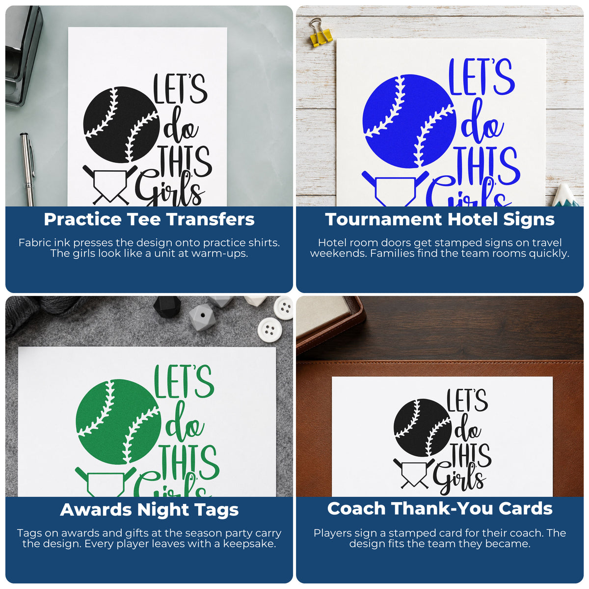 Four ways to use the Let's Do This Girls Plate Rubber Stamp – Wood Handle: practice tee transfers, tournament hotel signs, awards night tags and coach thank-you cards.