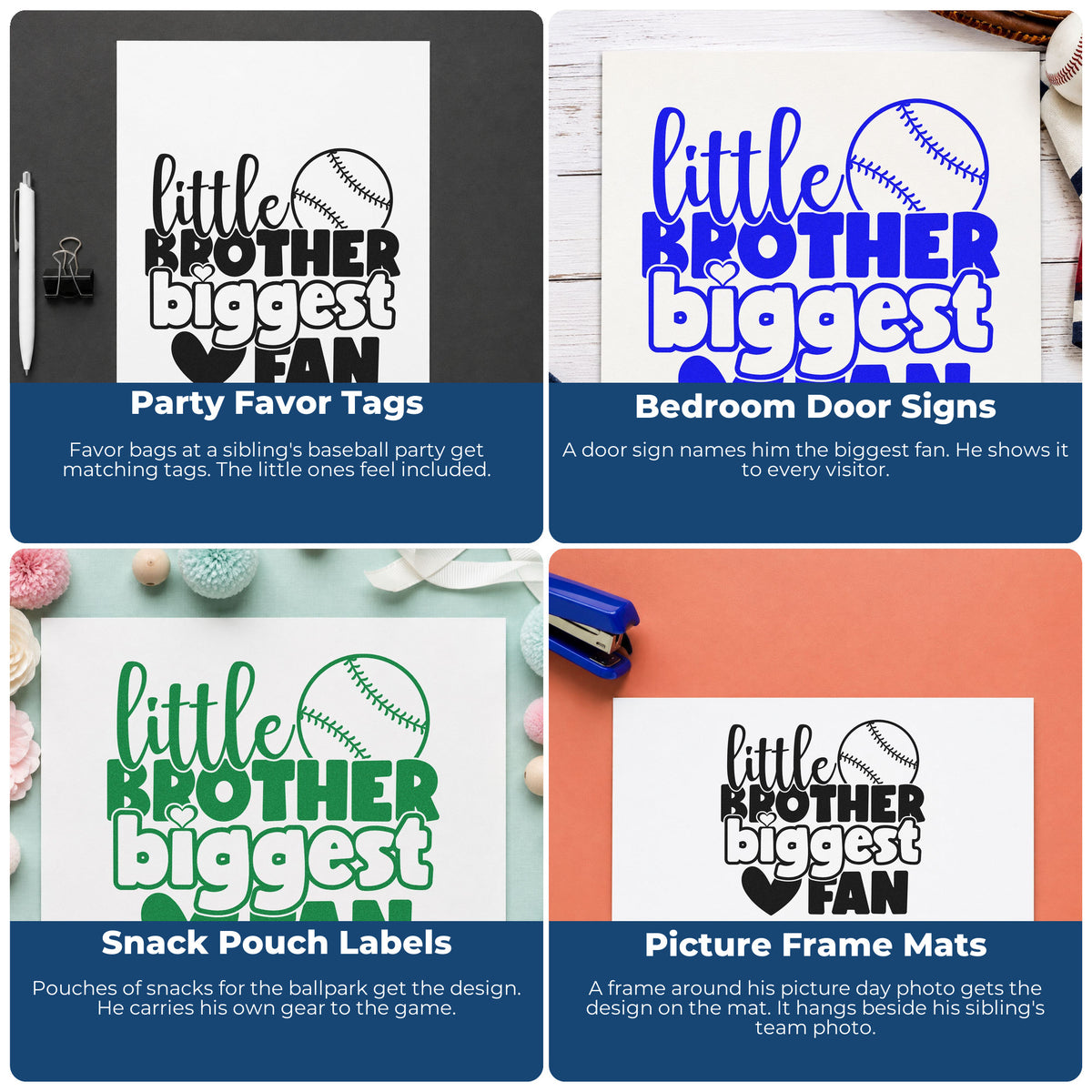Four ways to use the Little Brother Baseball Fan With Hearts Self-Inking Craft Stamp: party favor tags, bedroom door signs, snack pouch labels and picture frame mats.