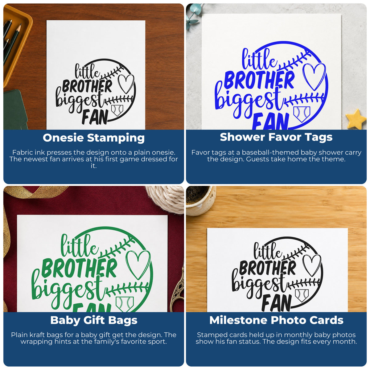 Four ways to use the Little Brother Half Ball Fan Premium Wooden Stamp - Vintage Pro: onesie stamping, shower favor tags, baby gift bags and milestone photo cards.