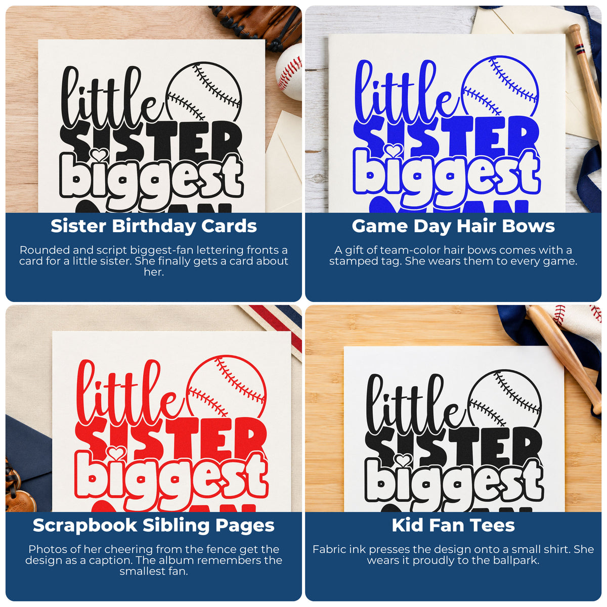 Four ways to use the Self-Inking Little Sister Baseball Fan With Hearts Stamp: sister birthday cards, game day hair bows, scrapbook sibling pages and kid fan tees.