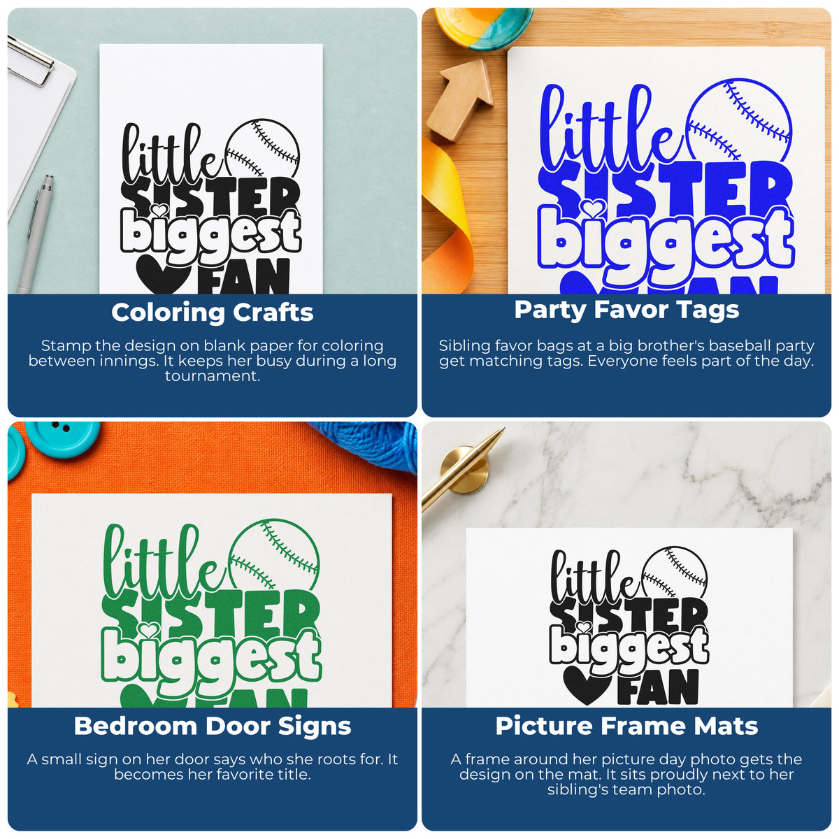 Four ways to use the Self-Inking Little Sister Baseball Fan With Hearts Stamp: coloring crafts, party favor tags, bedroom door signs and picture frame mats.