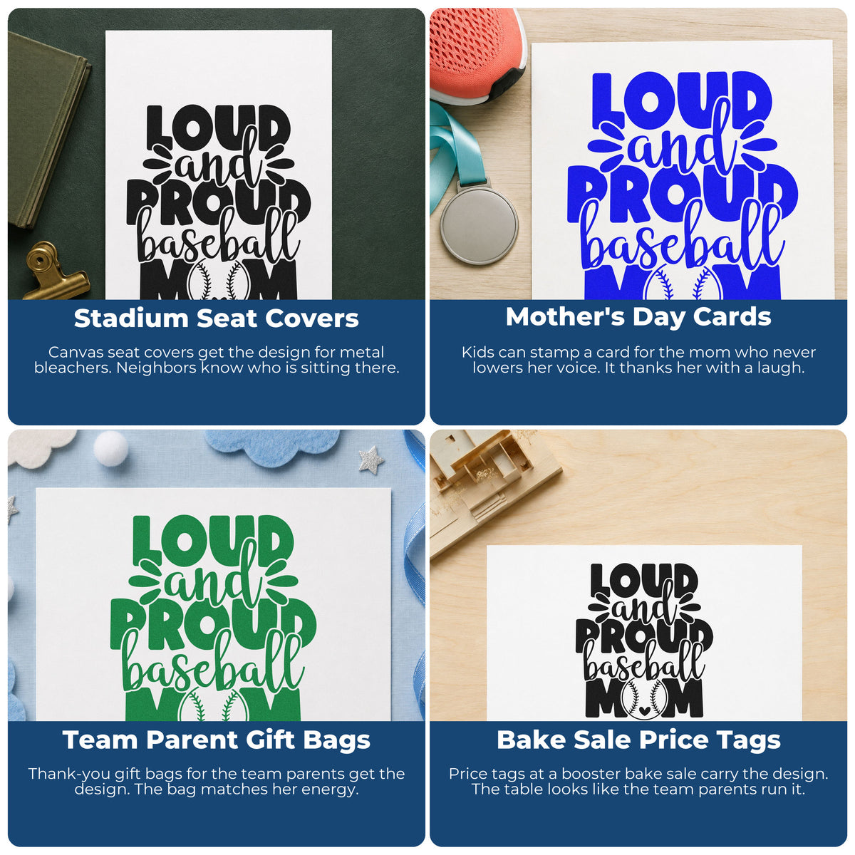 Four ways to use the Wood Handle Loud And Proud Baseball Mom Splash Rubber Stamp: stadium seat covers, mother's day cards, team parent gift bags and bake sale price tags.