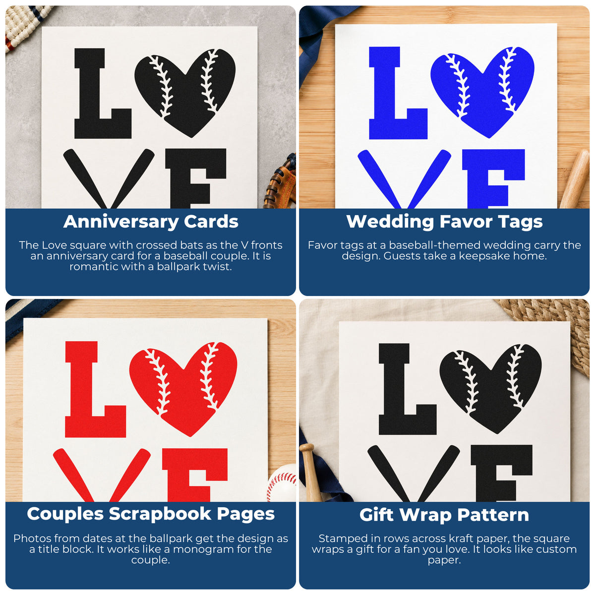 Four ways to use the Baseball Heart And Bats Love Wood Handle Stamp: anniversary cards, wedding favor tags, couples scrapbook pages and gift wrap pattern.