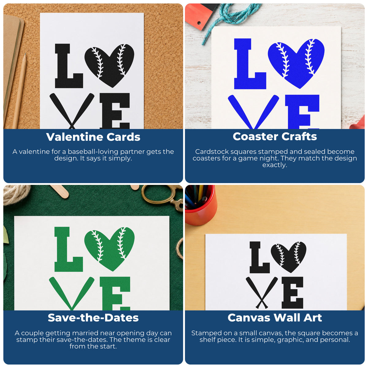 Four ways to use the Baseball Heart And Bats Love Wood Handle Stamp: valentine cards, coaster crafts, save-the-dates and canvas wall art.