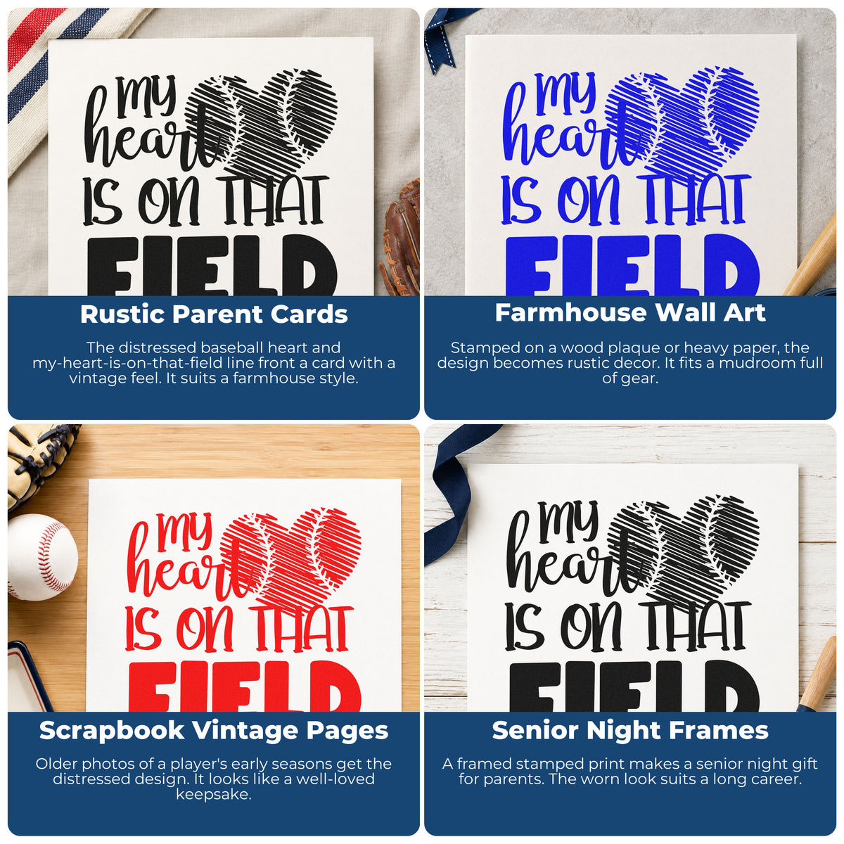 Four ways to use the My Heart Is On That Field Distressed Ball Rubber Stamp – Wood Handle: rustic parent cards, farmhouse wall art, scrapbook vintage pages and senior night frames.